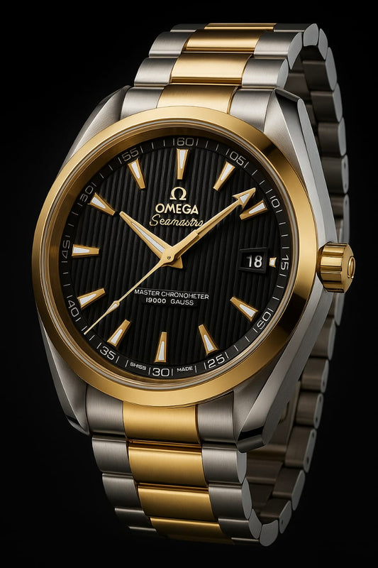 Omega Seamaster watch with two-tone metal strap on a black background
