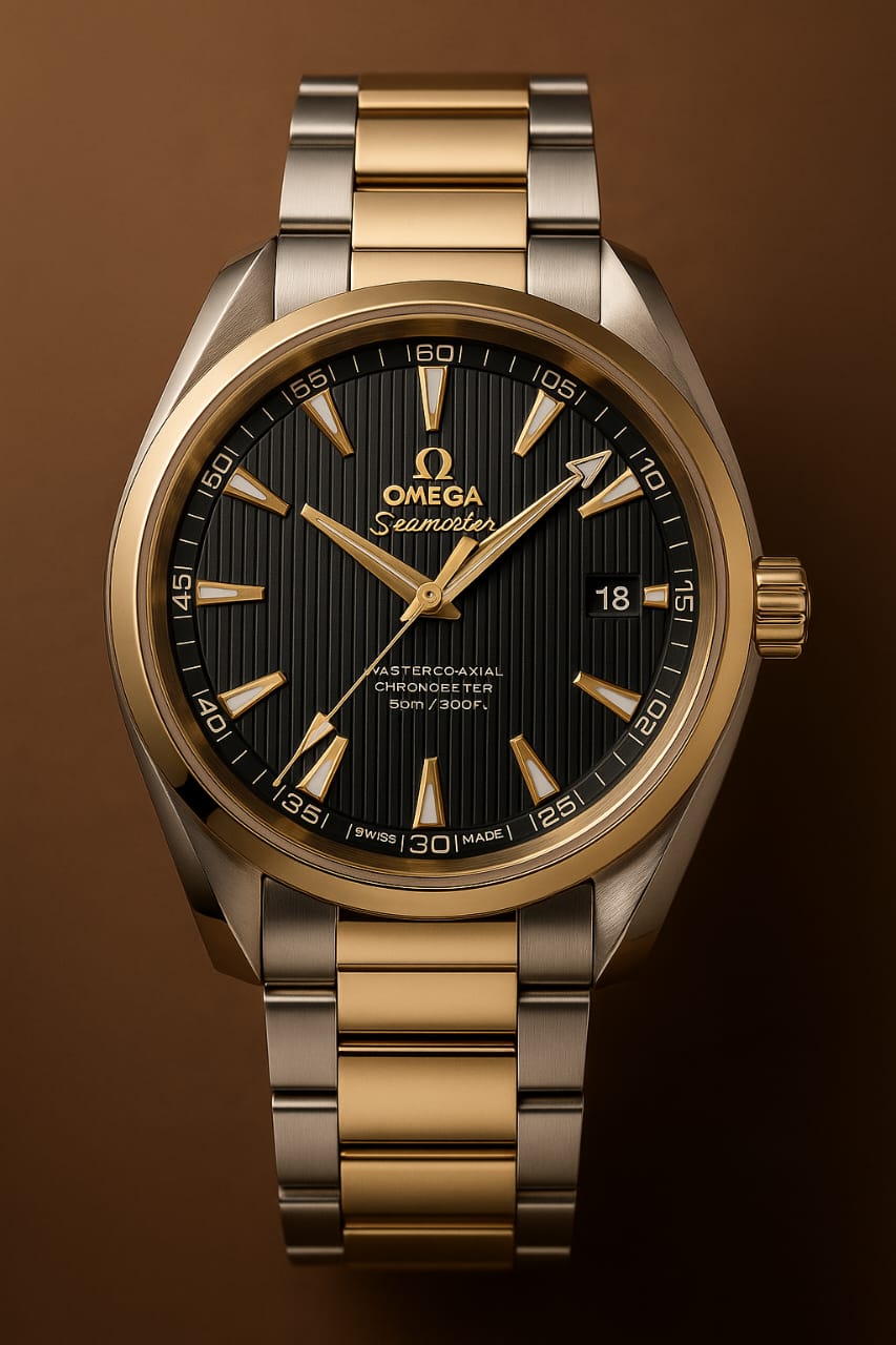 Luxury Omega watch with gold and silver band on a brown background